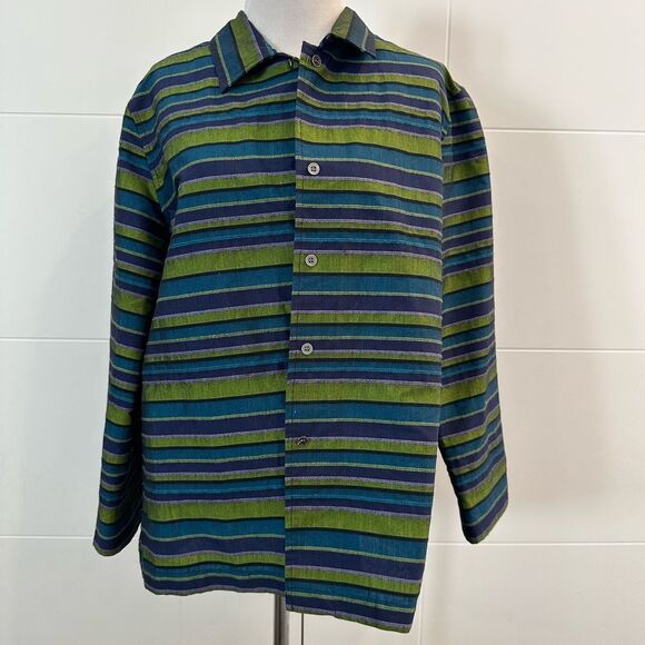 Striped Green and Blue Button-Up jacket - Picture 1 of 5